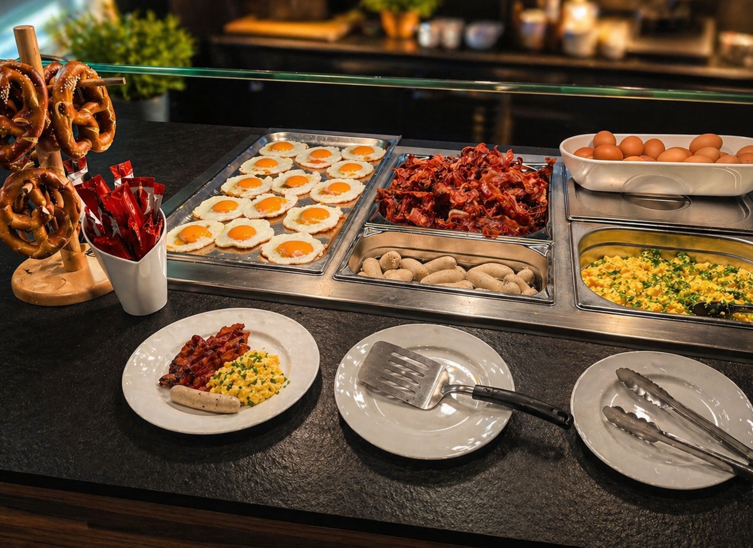 Un bufé con diversos alimentos, como huevos, salchichas y pretzels.