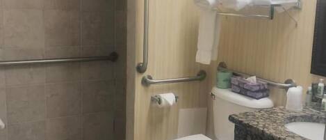 A bathroom with a toilet, sink, and shower area.