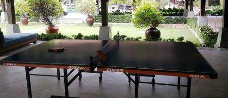 A ping pong table with "SBA" and "QUEEN" branding, located indoors with a view of a well-maintained garden and outdoor seating area.