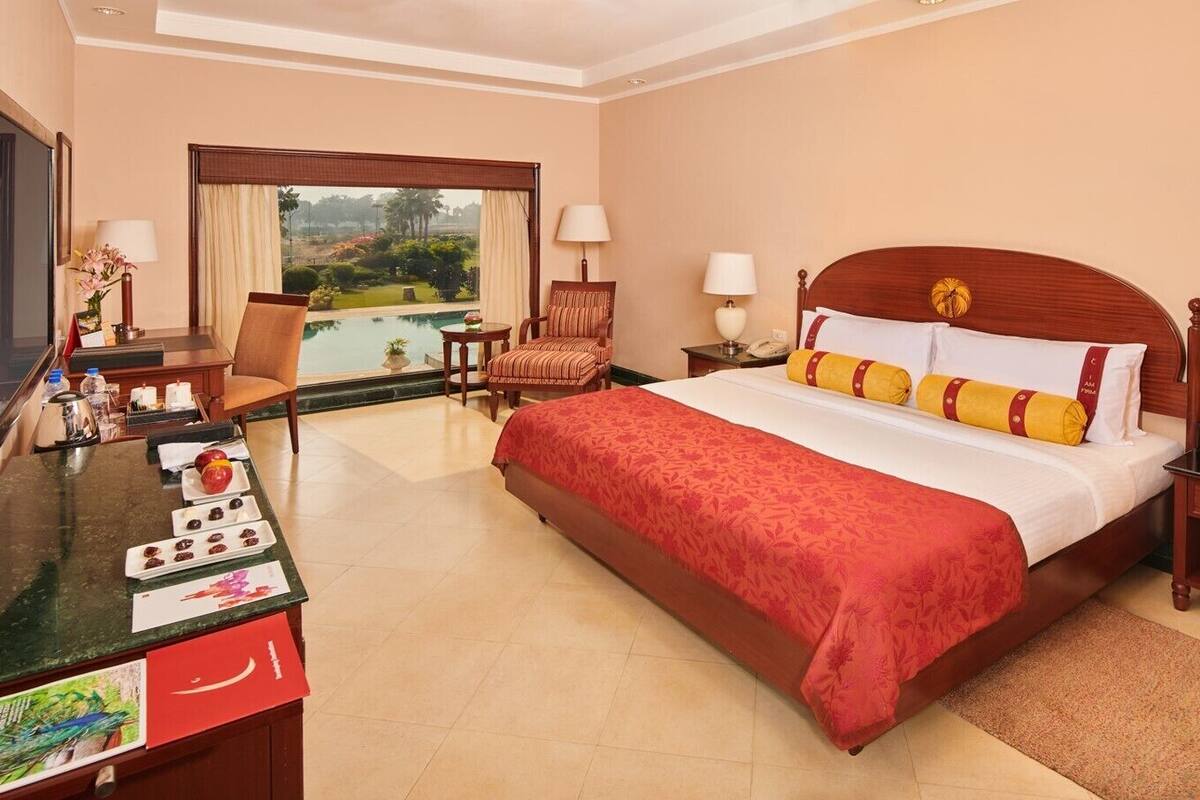 A hotel room with a large bed, a desk with a laptop, a chair, a nightstand, and a view of a pool and garden.