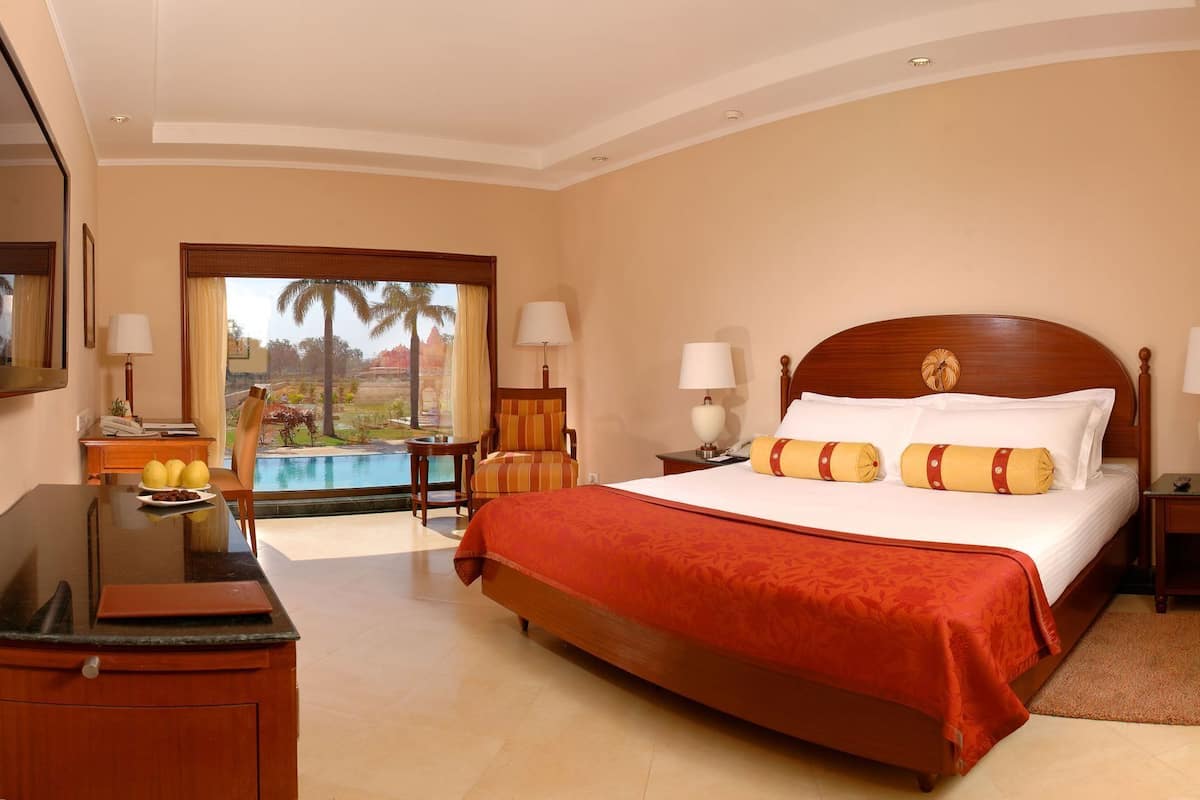 A hotel room with a bed, a desk, a chair, a TV, and a view of palm trees and a pool.