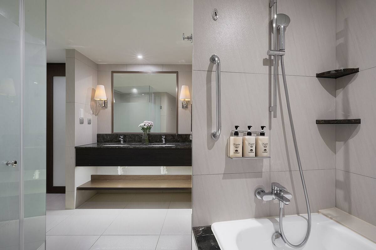 hair dryer, towels, shampoo, toilet paper