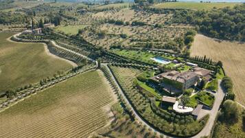 An aerial view of a large estate with expansive vineyards, a swimming pool, and a main building surrounded by manicured gardens.