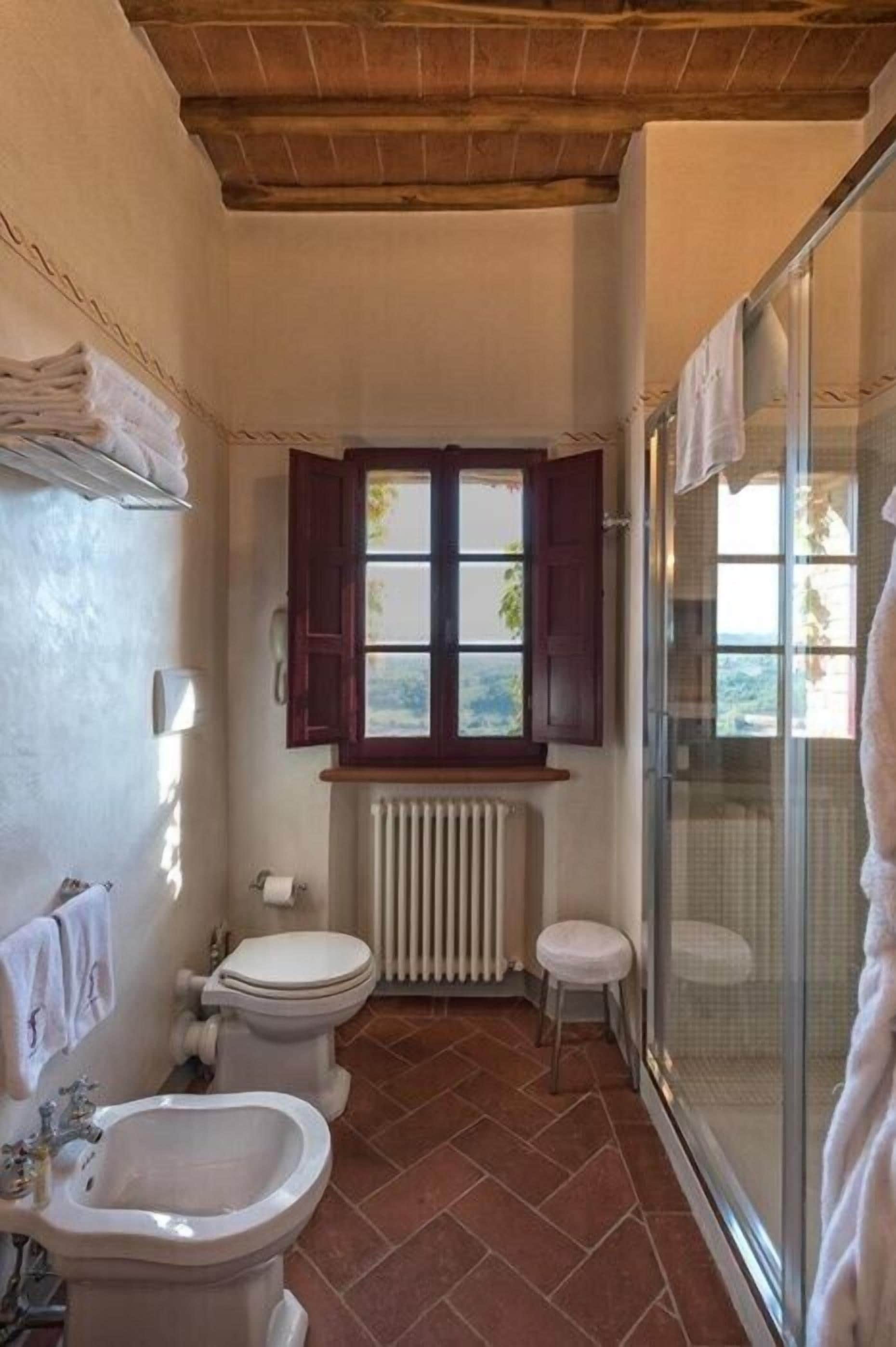 A bathroom with a toilet, bidet, and a shower area.