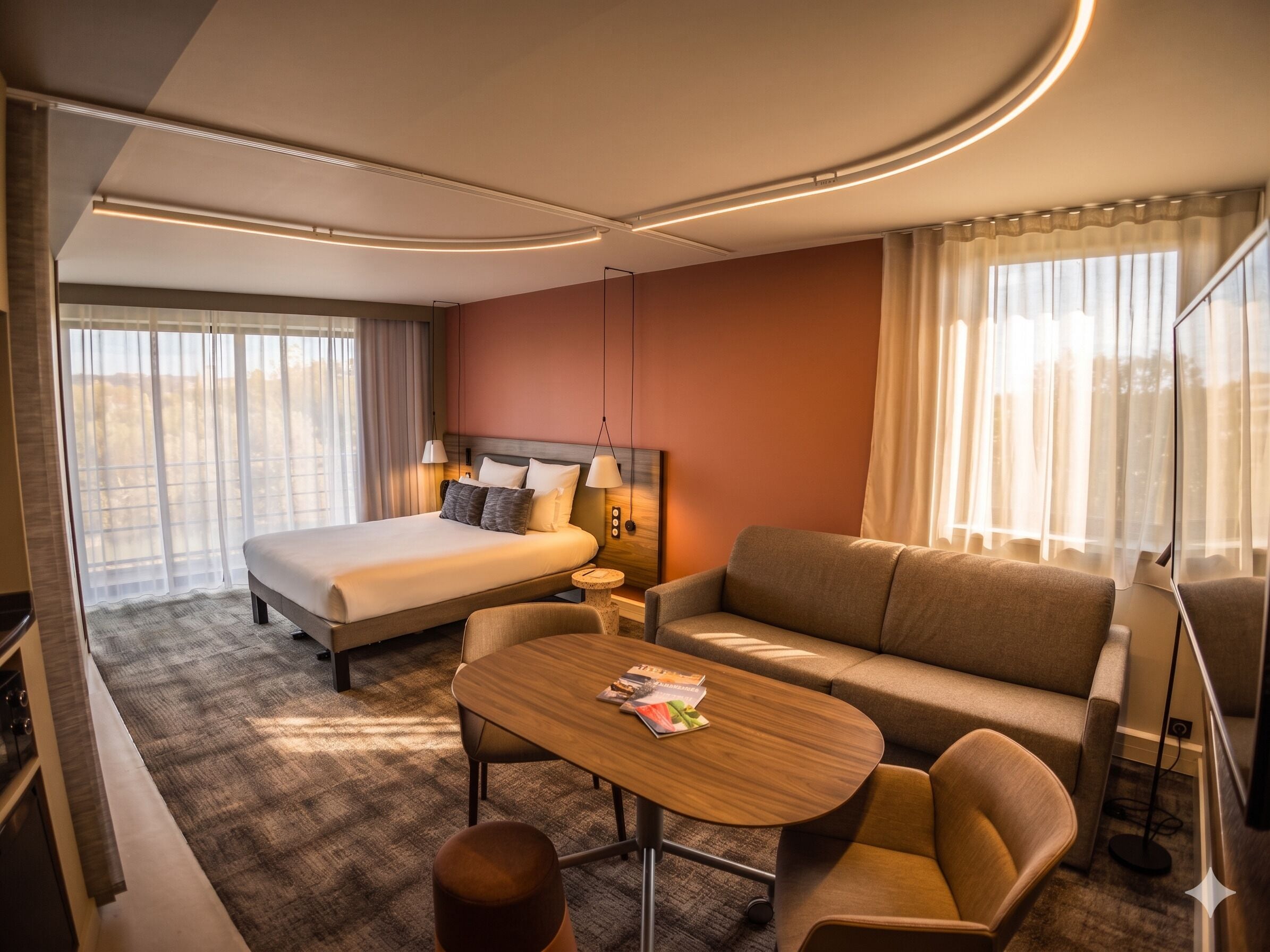 A hotel room with a bed, sofa, dining table, and a small kitchen area.
