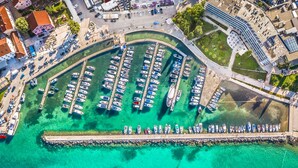 An aerial view of a marina with numerous boats docked in a curved layout, surrounded by buildings and a clear waterfront. - Hotel Kornati Biograd (Biograd na Moru)