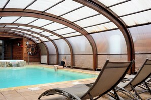 Indoor pool, outdoor pool, open 9:00 AM to 8:00 PM, pool loungers