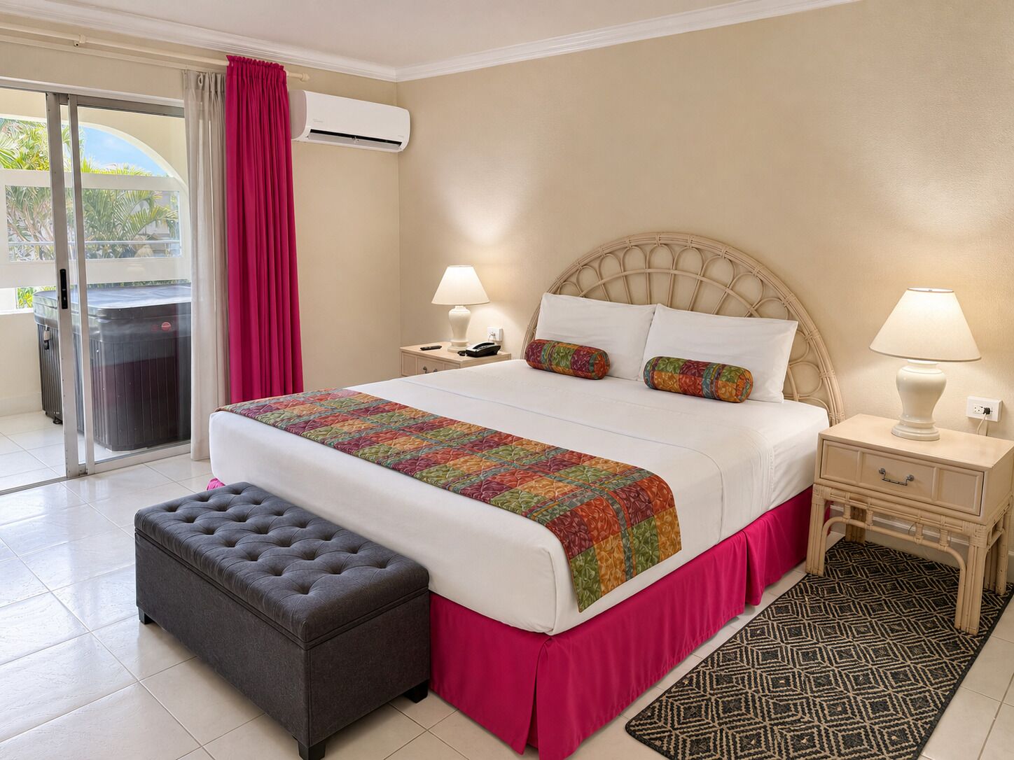 Habitación de hotel con cama, reposabajares, mesita de noche, lámpara, equipo de aire acondicionado y vistas al exterior.