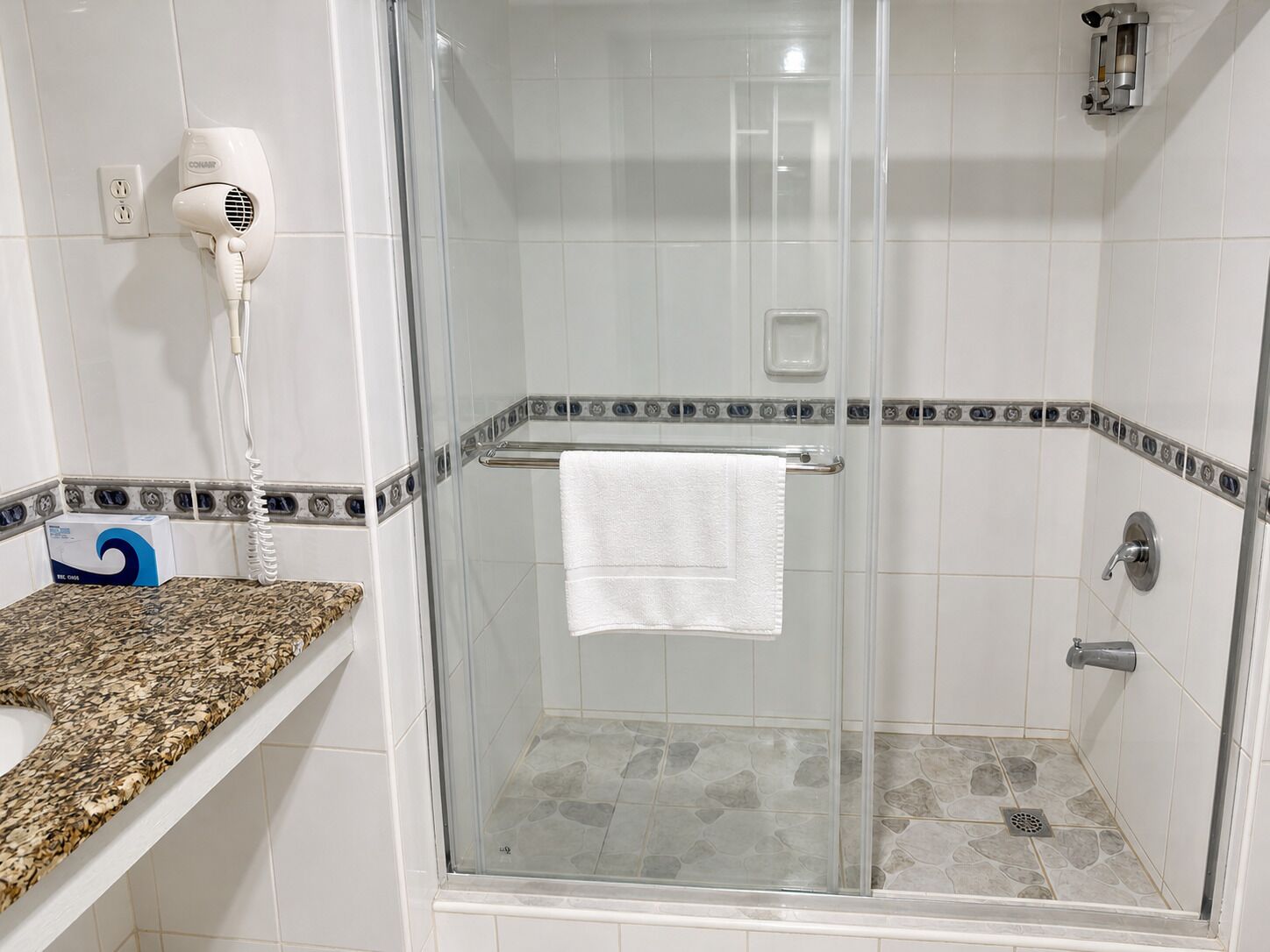 A shower with a glass door, a towel rack, and a hairdryer on a counter.