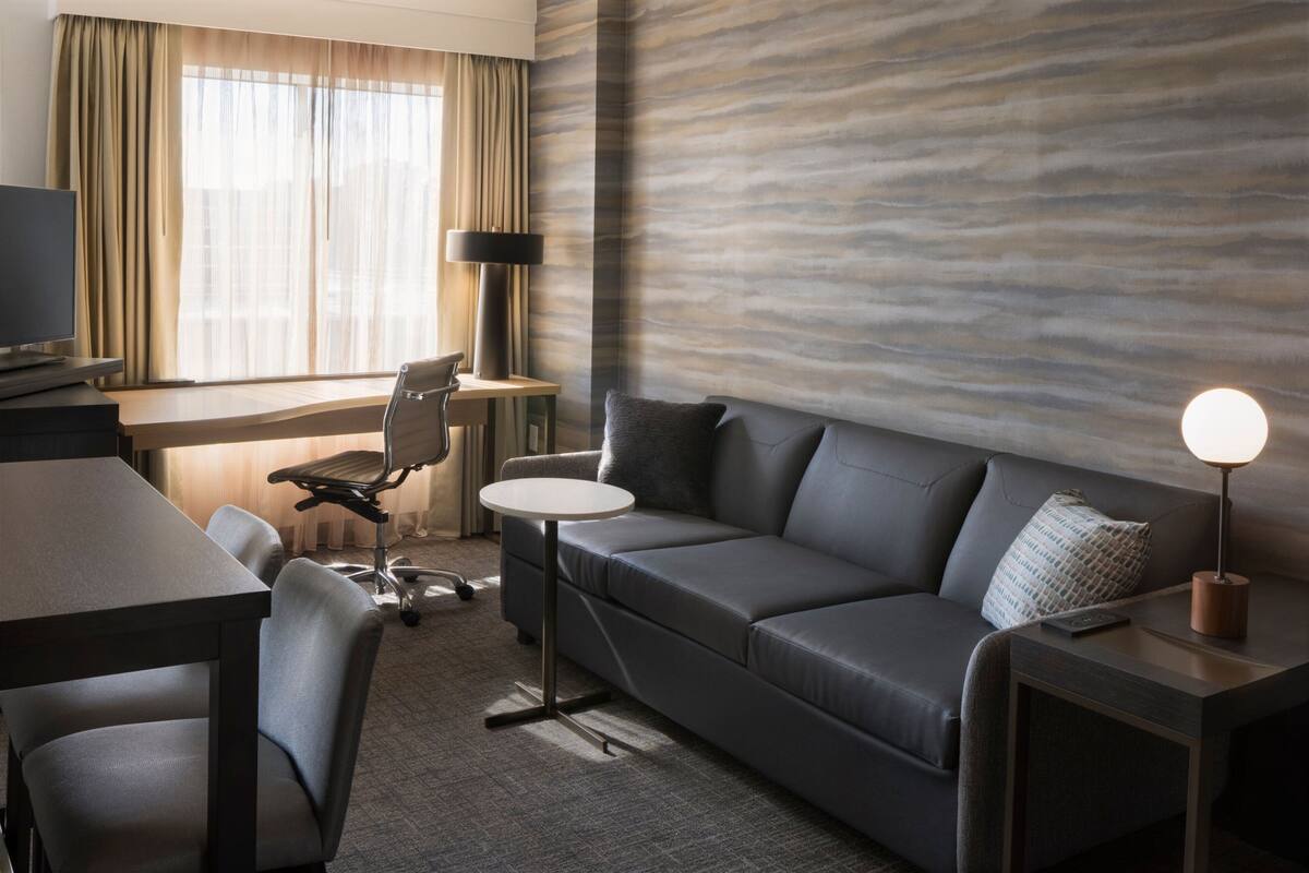 Une chambre d’hôtel moderne équipée d’un canapé, d’un bureau, d’une chaise, d’une lampe et d’un téléviseur.