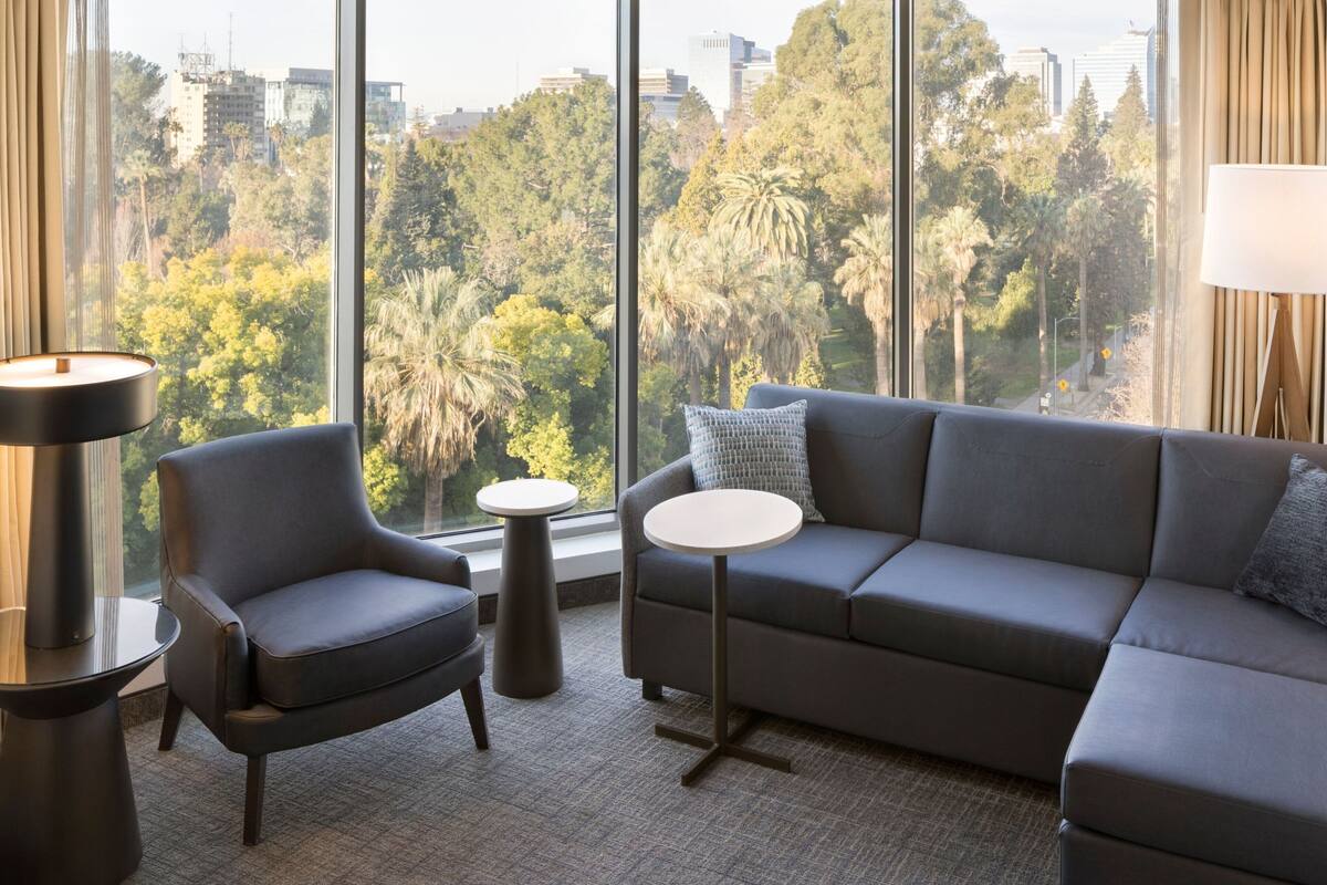 Un salon moderne comprenant un canapé, un fauteuil et des tables rondes, avec une grande fenêtre offrant une vue sur la ville et un parc.