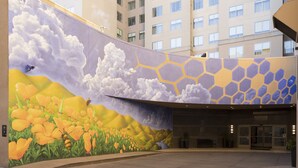 A building with a mural of flowers and clouds on the side.
