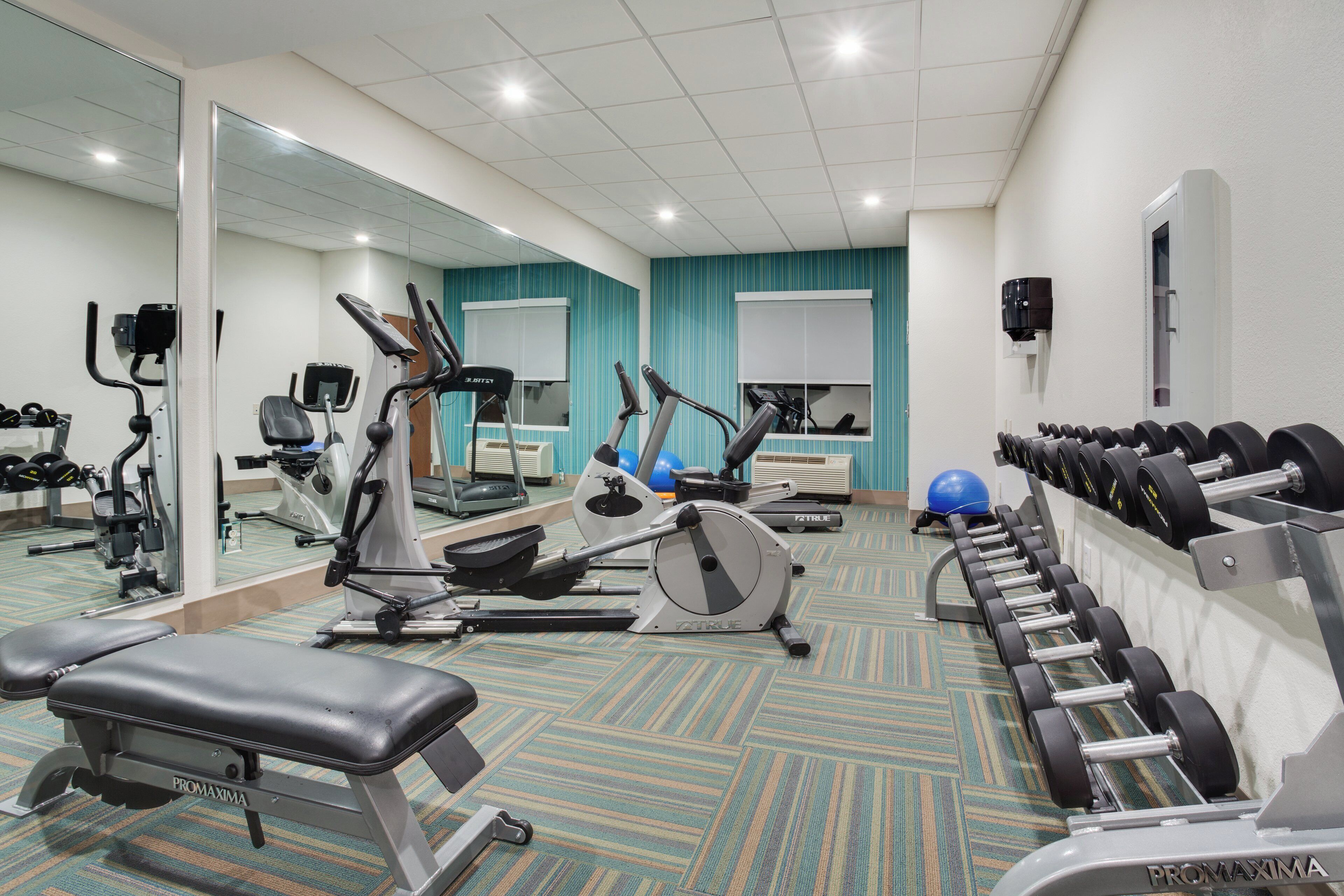 Un gimnasio con diversos equipos de ejercicio, como cintas de correr, bicicletas estáticas y máquinas de pesas.