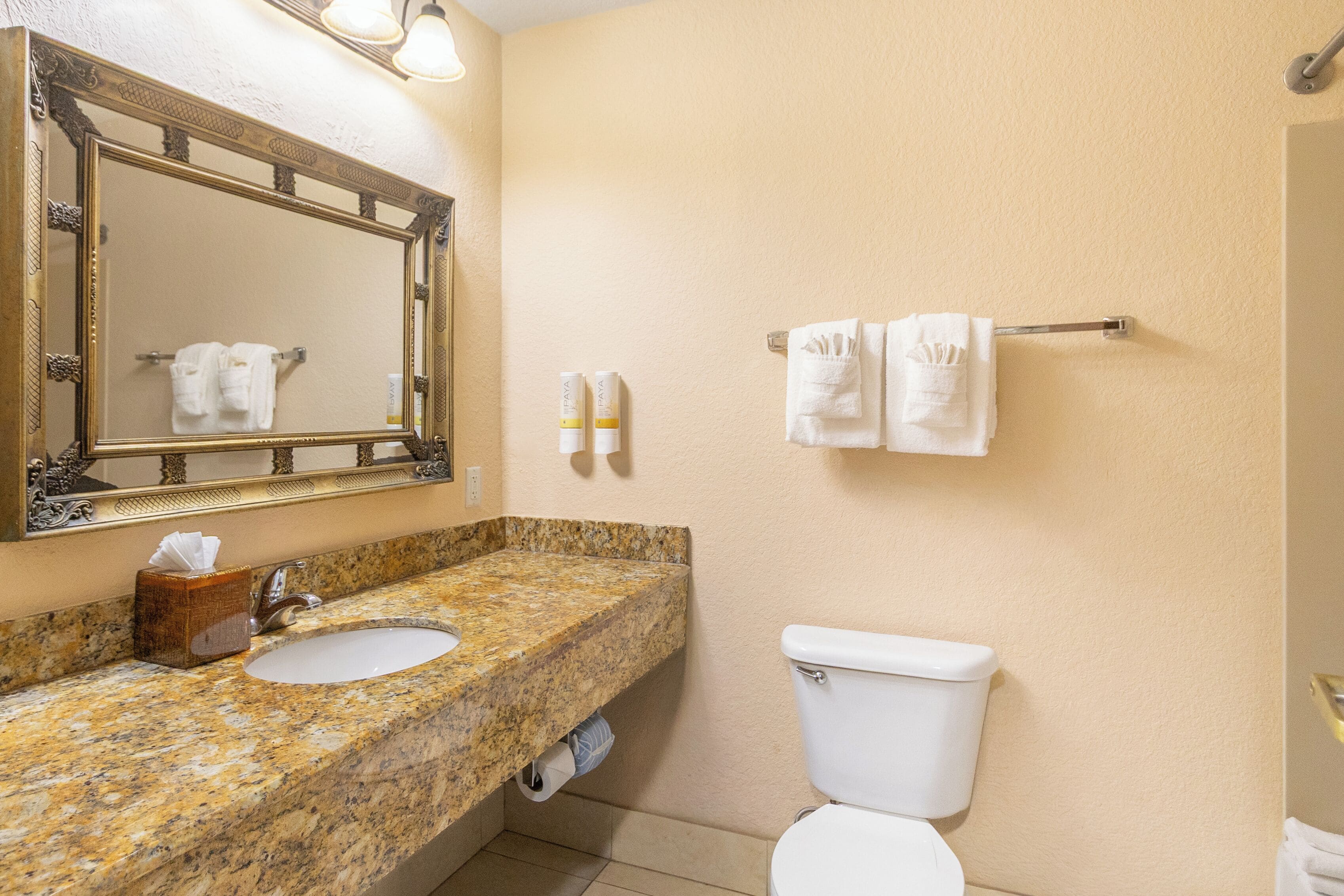 A bathroom with a marble sink, a toilet, a towel rack, and a mirror.