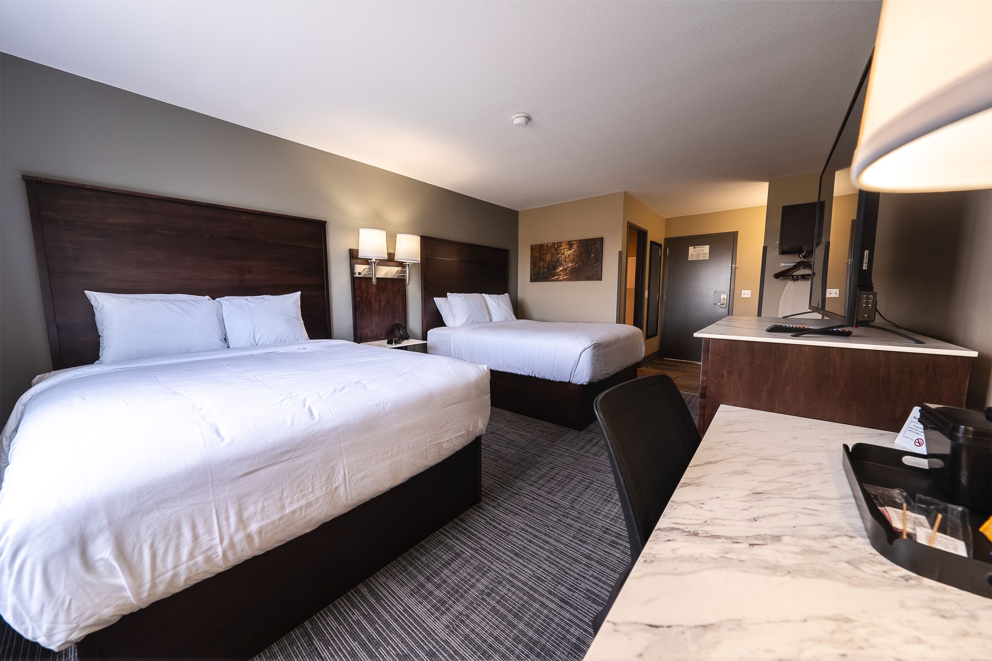 room, 2 queen beds, non smoking | desk, laptop workspace, blackout curtains, iron/ironing board