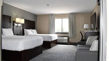 Studio, Multiple Beds, Non Smoking (Walk-In Shower) | Desk, laptop workspace, blackout drapes, iron/ironing board