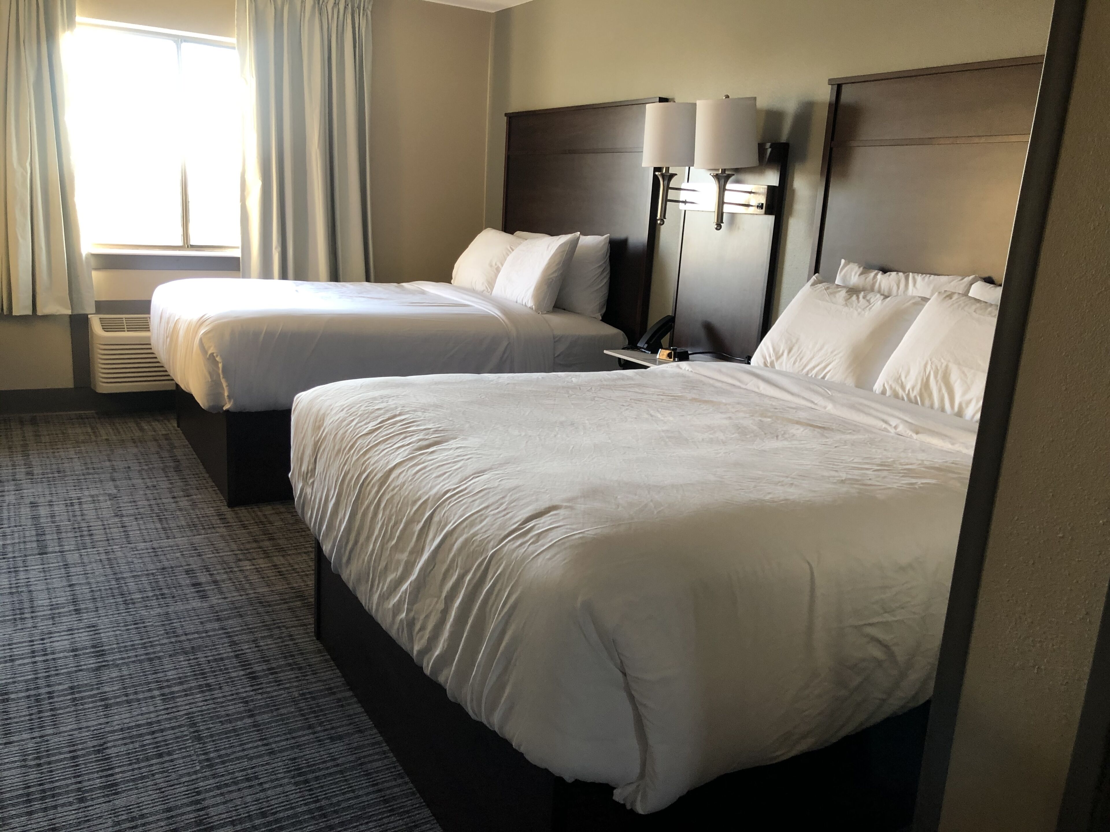 desk, laptop workspace, blackout curtains, iron/ironing board