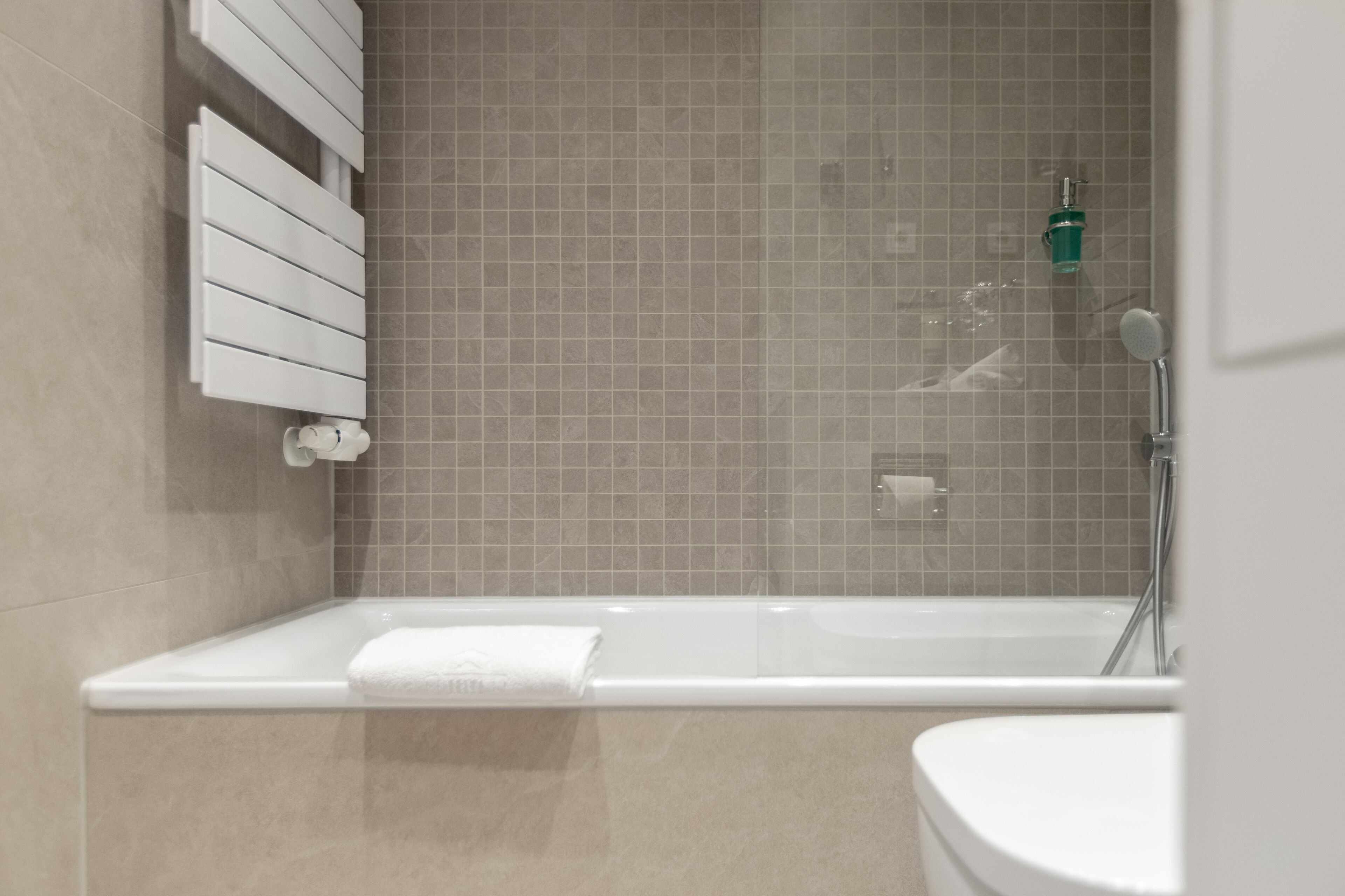 A modern bathroom with a bathtub, a toilet, and a shower area.