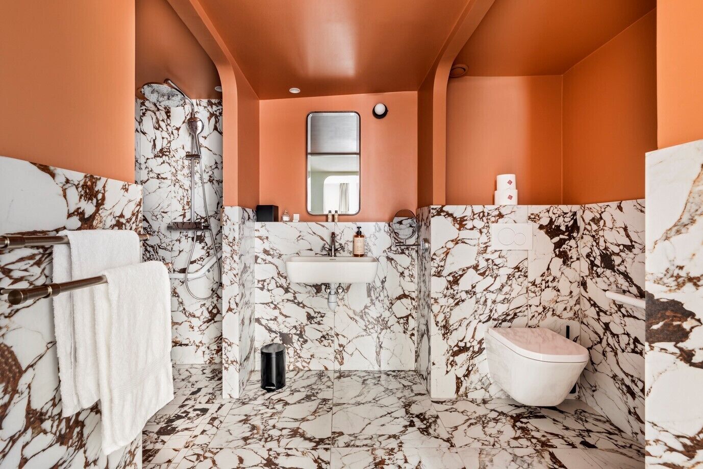 shower, rainfall showerhead, designer toiletries, hair dryer