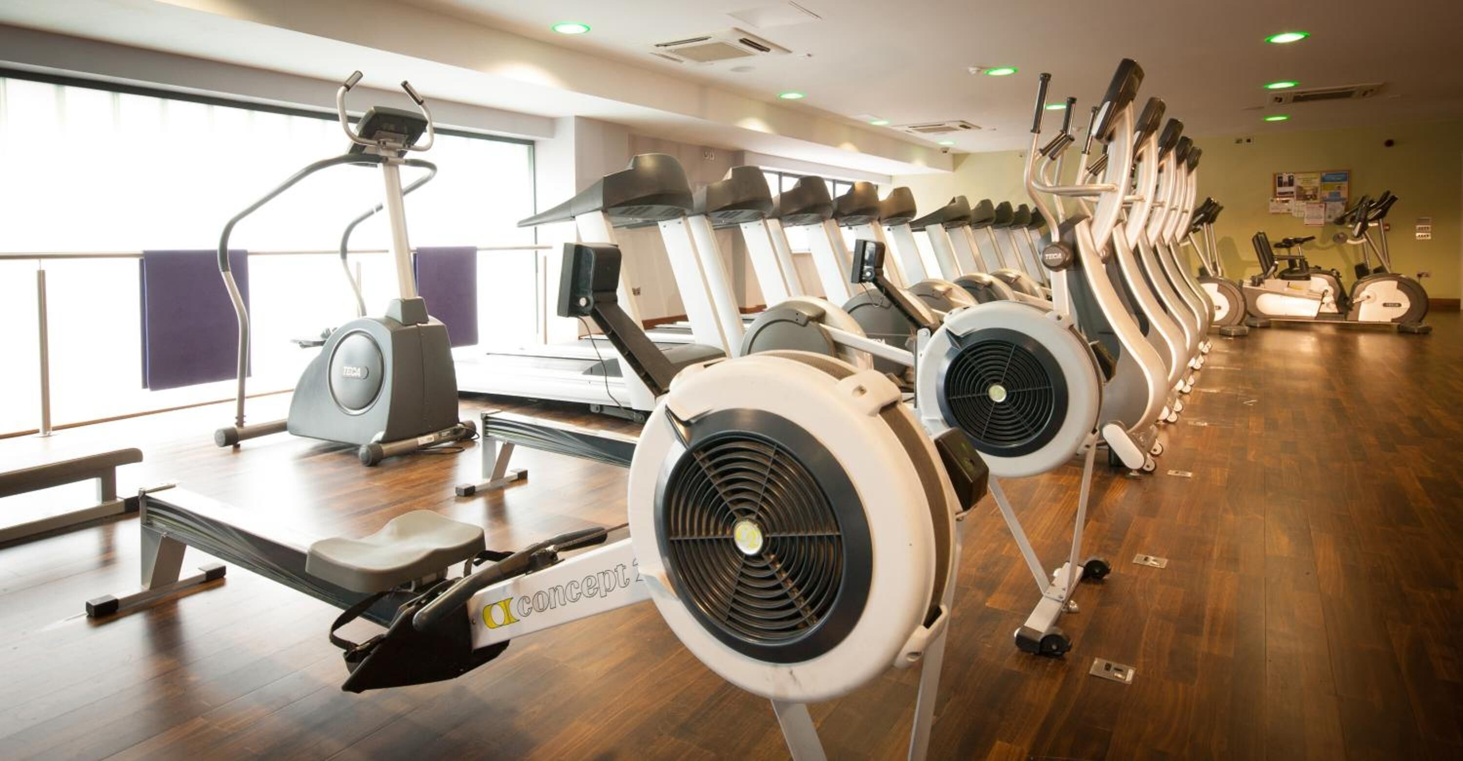 Un gimnasio con numerosas cintas de correr y bicicletas estáticas, suelo de madera y ventanas amplias que permiten la entrada de luz natural.