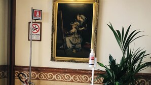 A lobby with a fire extinguisher, a red trash bin, a framed painting, and a potted plant. - Serena Hotel (Rome)