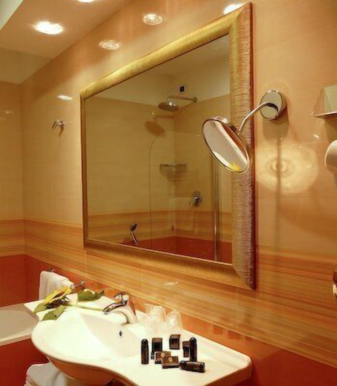 A bathroom with a large mirror, a sink with toiletries, and a shower.