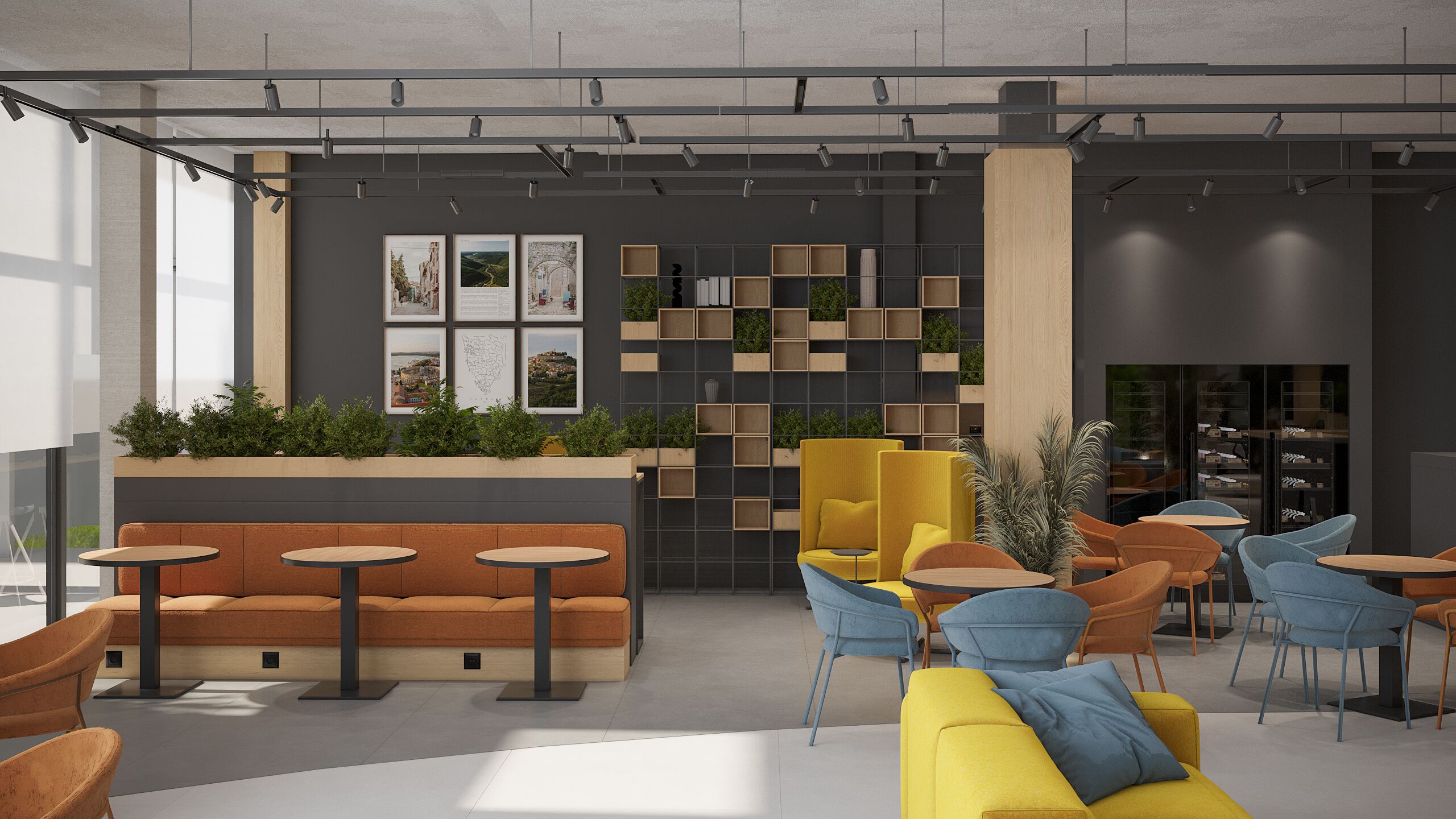 A modern lounge area with seating arrangements, a wall-mounted plant display, and a section with framed pictures.