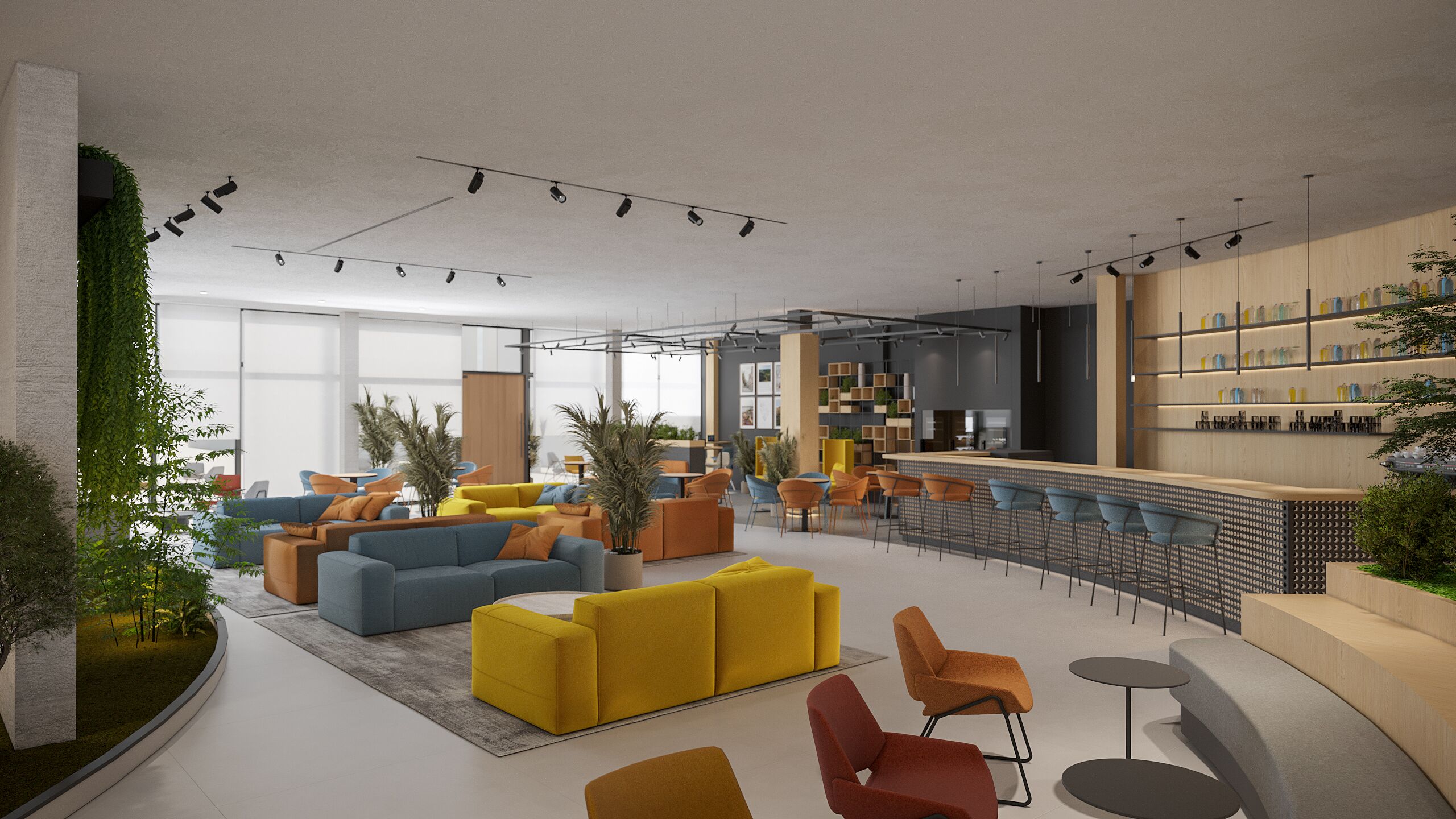 A modern interior with a bar area, seating arrangements, and a visible kitchen.