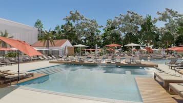 Indoor pool, seasonal outdoor pool, pool umbrellas, pool loungers