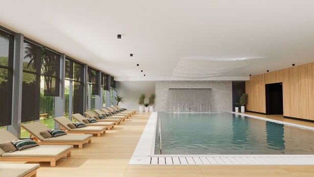 A modern indoor swimming pool with lounge chairs and a stone wall. - Hotel Pelegrin Plava Laguna (Umag)