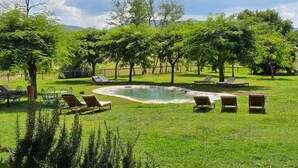 Un área de piscina con sillones de descanso y una piscina pequeña rodeada de árboles.