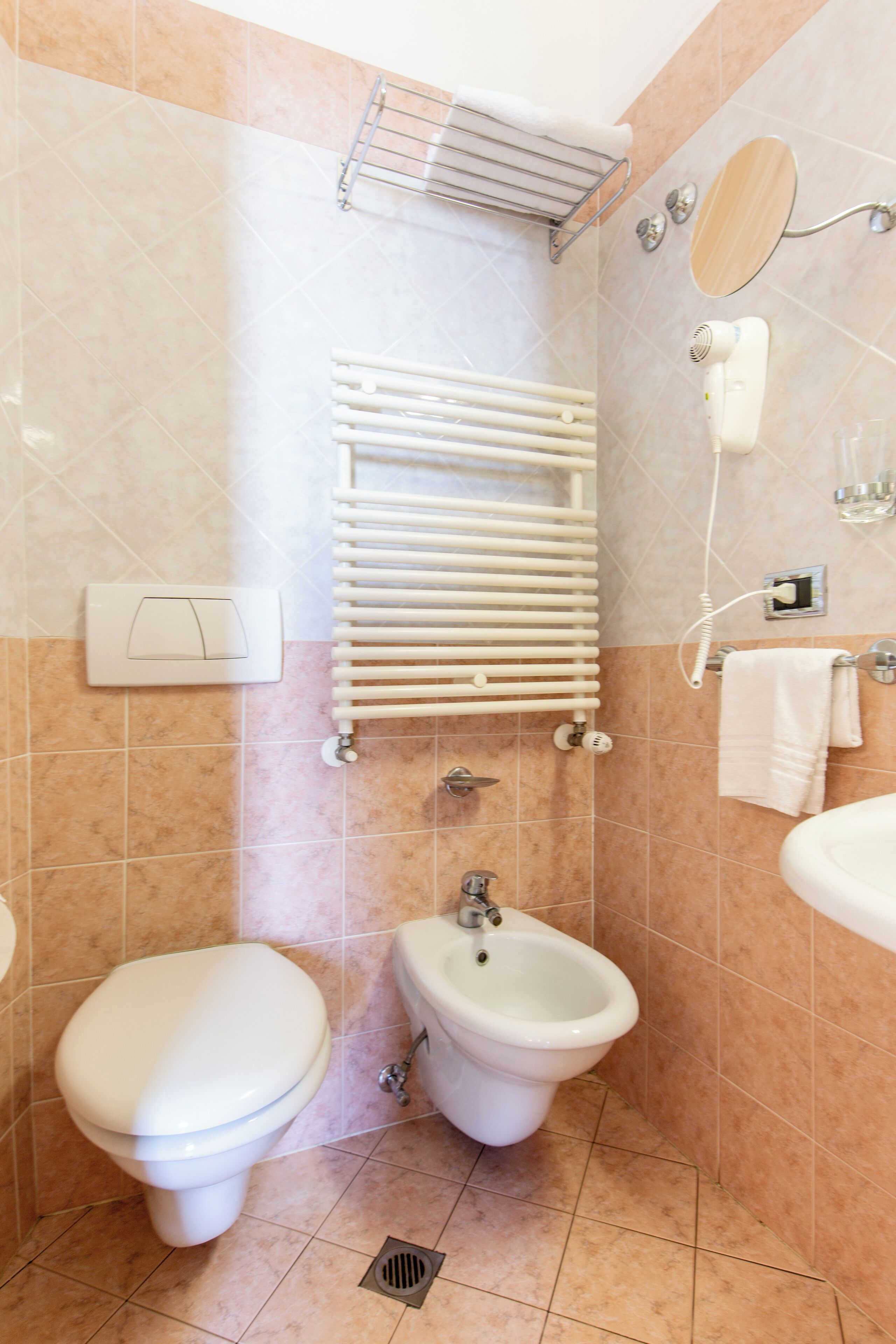 Ein Badezimmer mit Toilette, Bidet, Handtuchhalter, Spiegel und Duschkopf.