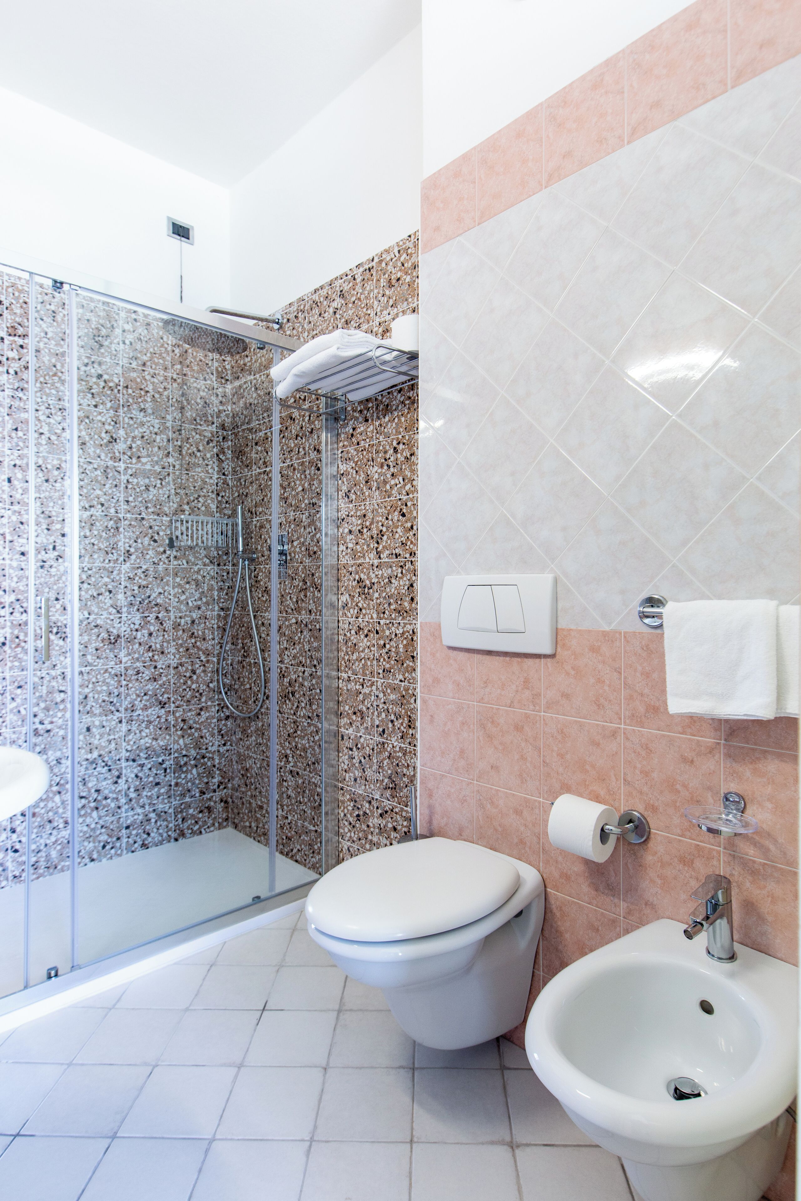 Une salle de bain moderne dotée d’une douche à parois de verre, de toilettes et d’un bidet.