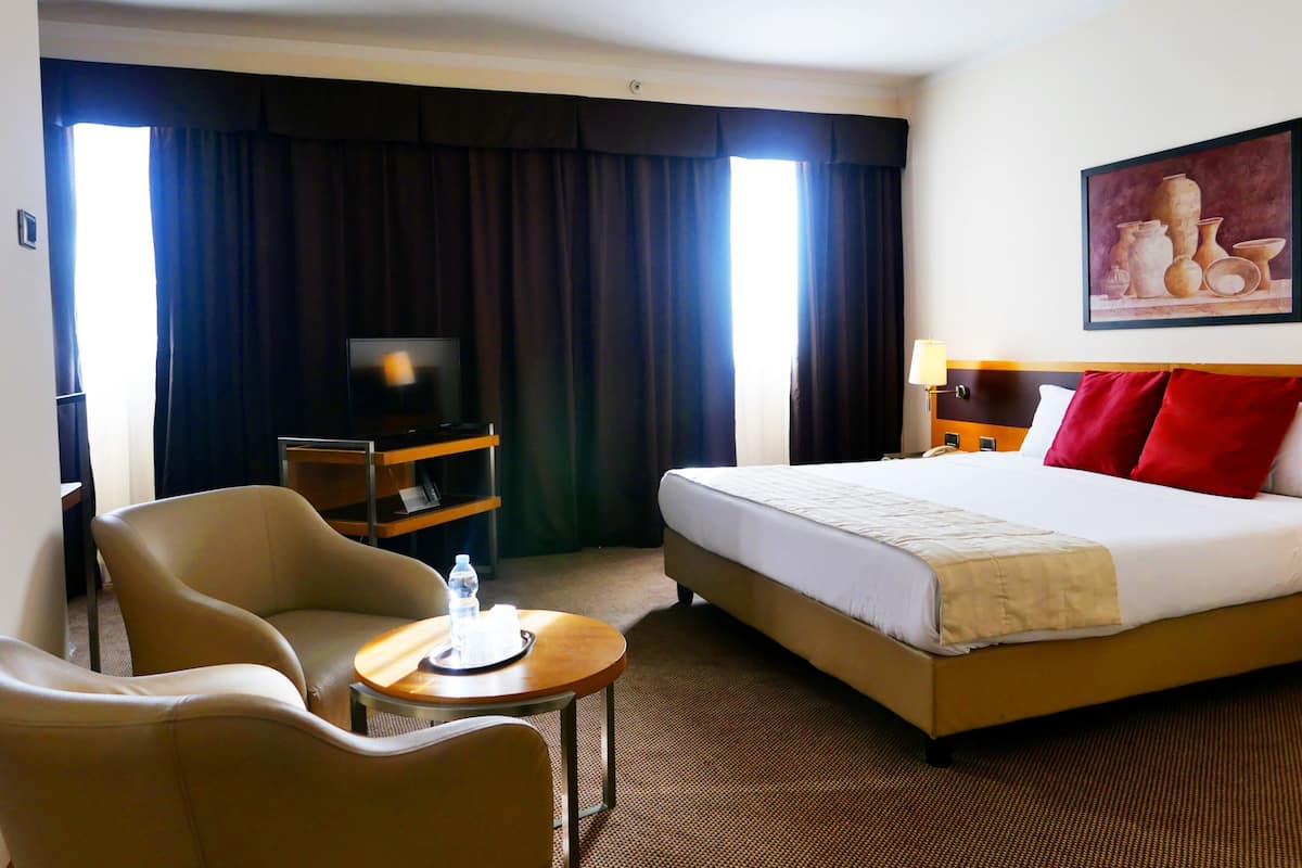 Habitación de hotel con cama, dos sillones, una mesita con una botella y vasos, televisor y un cuadro en la pared.