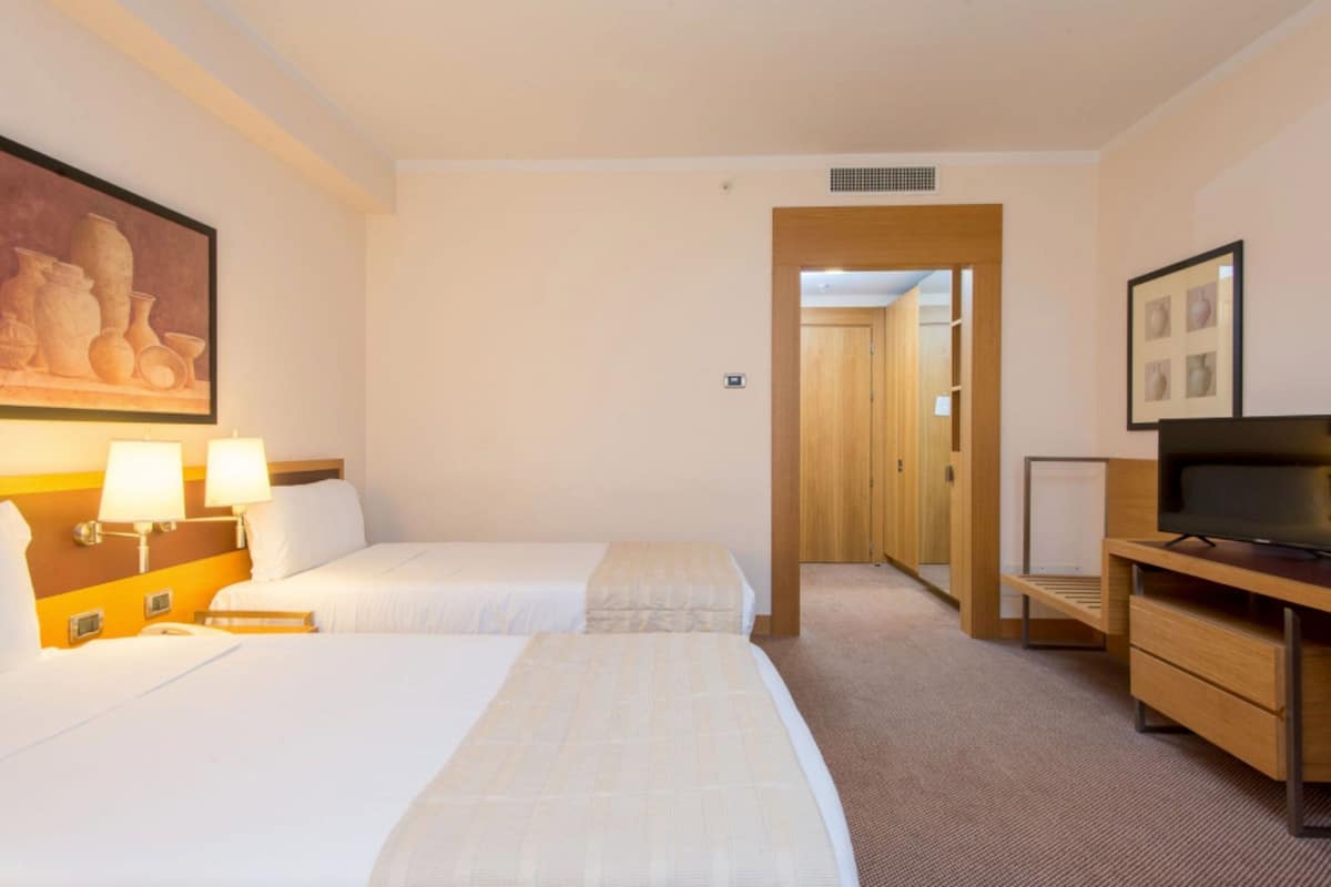 Una habitación de hotel con dos camas, un televisor y un cuadro en la pared.