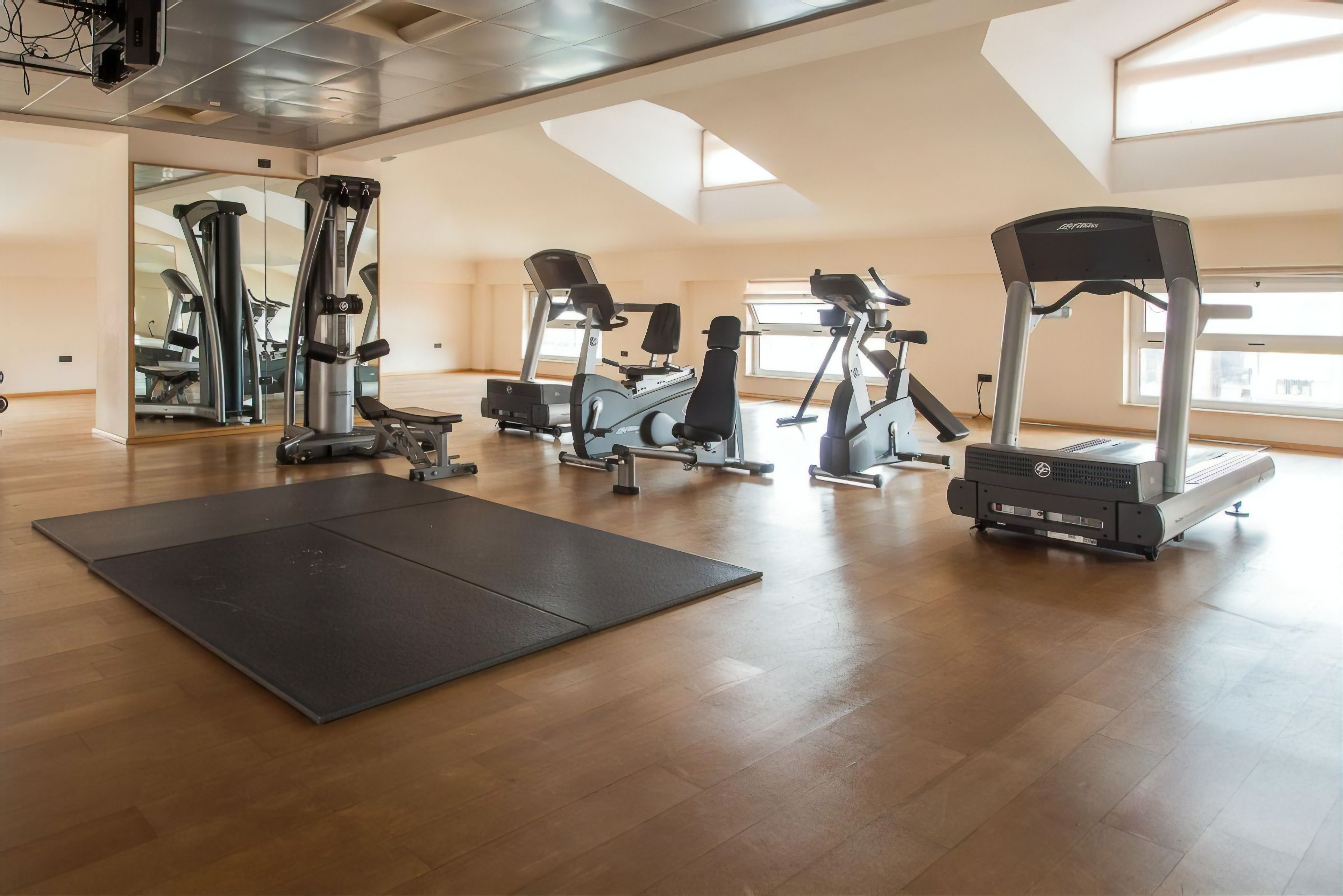 A gym with cardio machines, a black mat, and large windows.