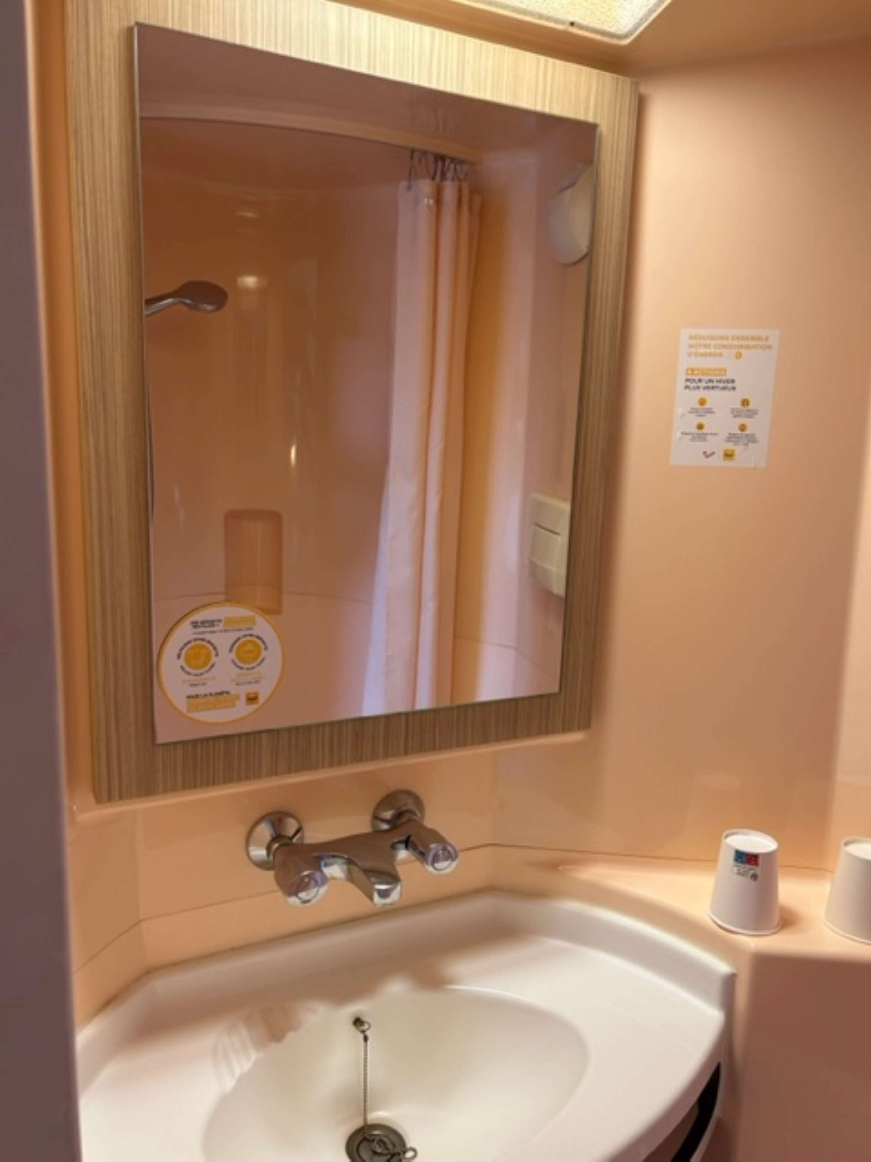 A bathroom with a sink, mirror, and shower.
