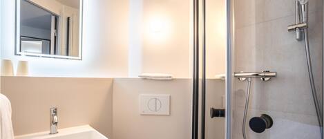 A modern bathroom with a glass shower enclosure, a white sink, and a mirror.