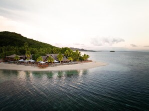 A beach resort with thatched-roof buildings, palm trees, and a sandy beach. - Castaway Island, Fiji (Castaway Island)