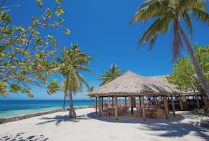 A beachside restaurant with a thatched roof, palm trees, and a view of the ocean.
