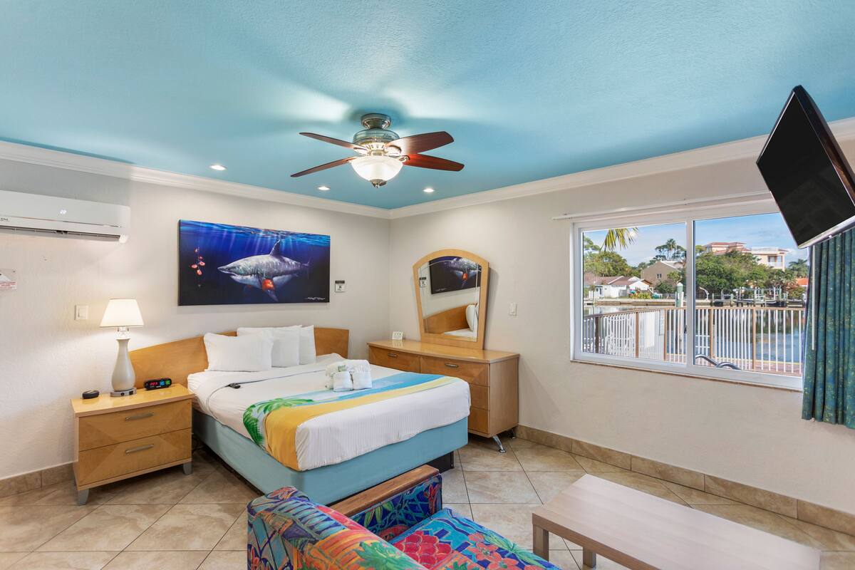 A hotel room with a bed, a desk, a chair, a TV, a ceiling fan, a window with a view of the outside, and a wall-mounted air conditioner.