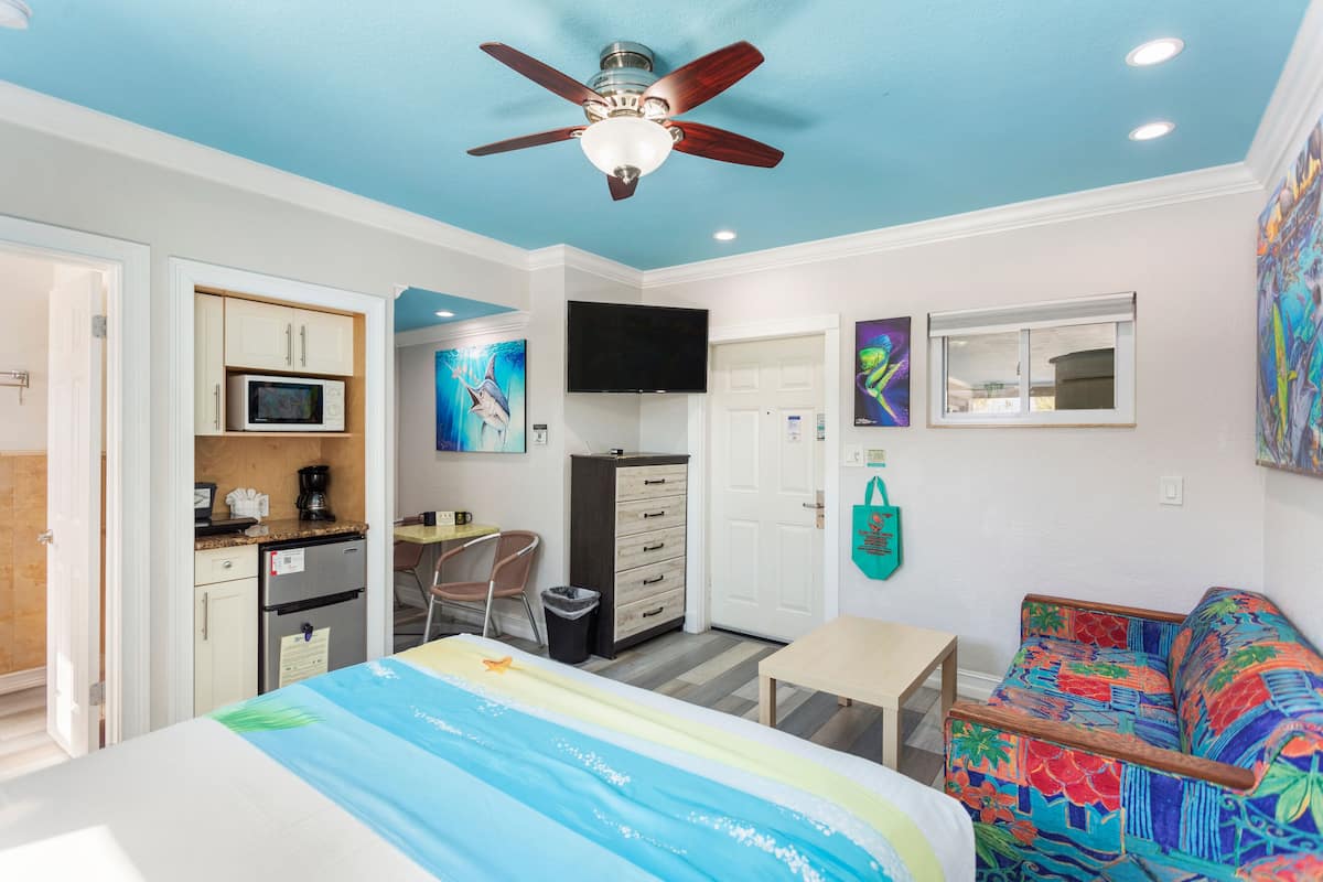 A bedroom with a bed, a ceiling fan, a television, a microwave, a desk, and a colorful sofa.