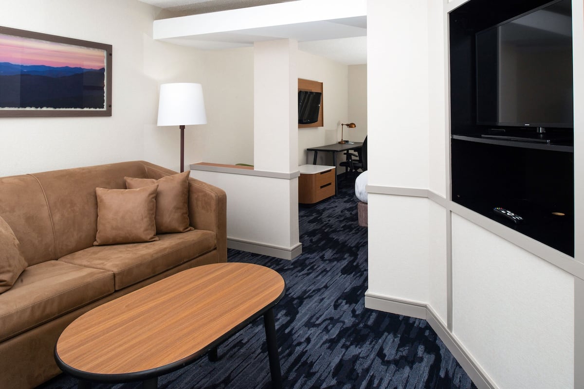Une chambre d’hôtel avec un canapé marron, une table basse en bois, une télévision, un bureau avec une chaise et une lampe.