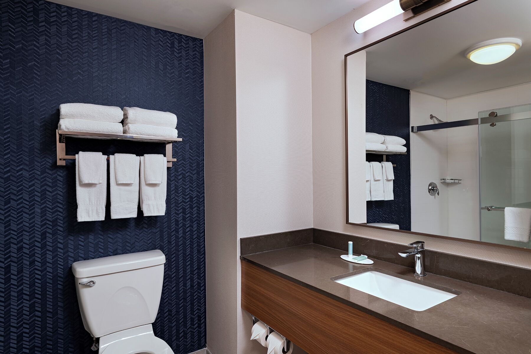 Un baño moderno con un inodoro blanco, un tocador de madera con un lavabo y un espejo grande.