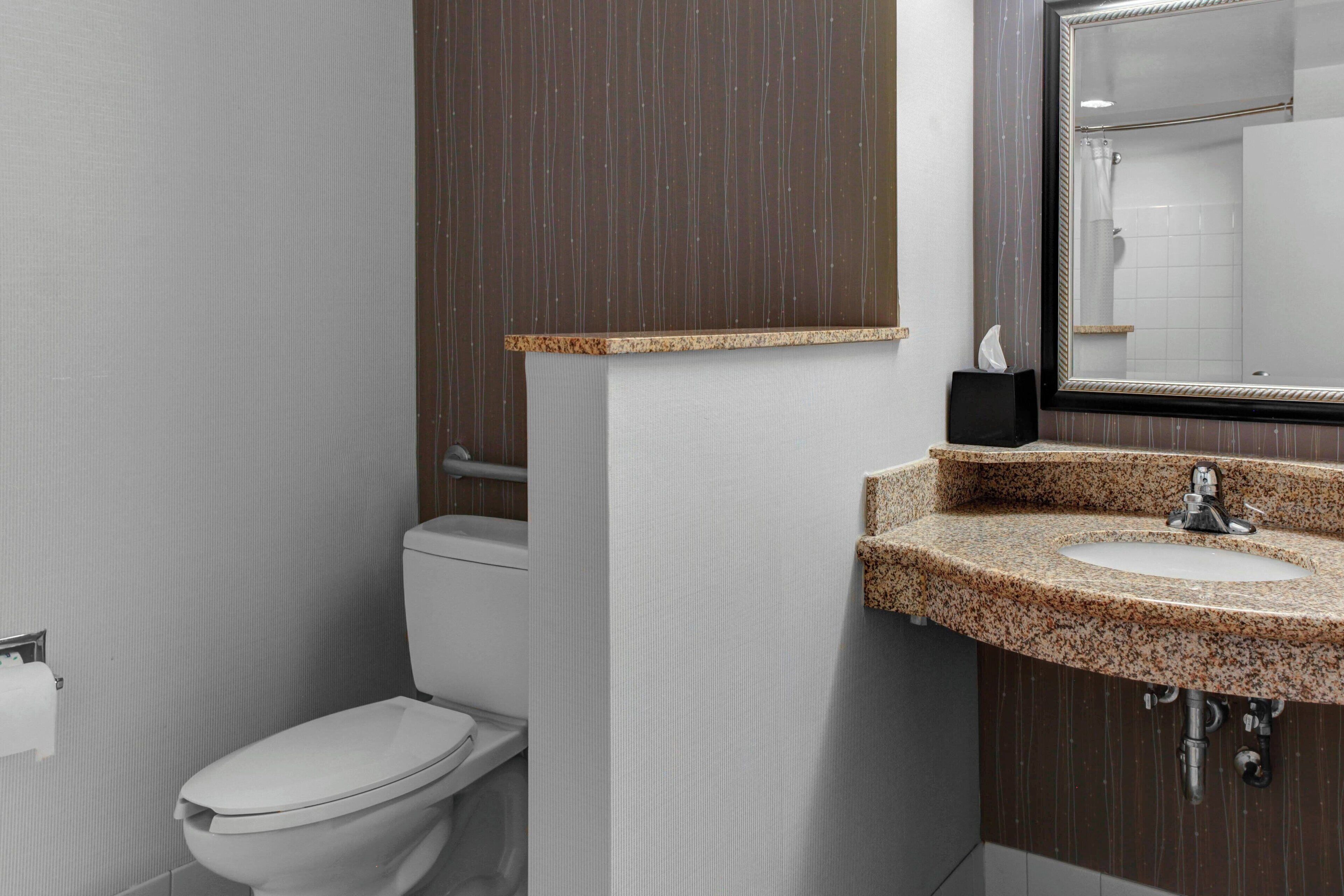 combined shower/bathtub, free toiletries, hair dryer, towels