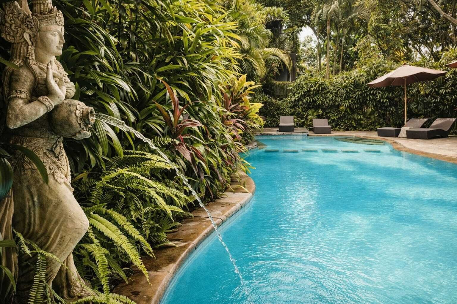 Una piscina al aire libre, tumbonas