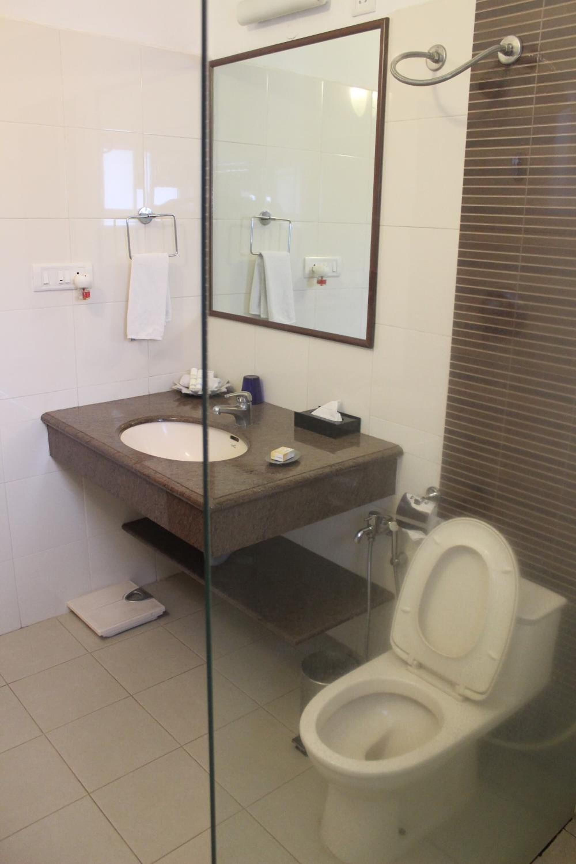 combined shower/bathtub, rainfall showerhead, hair dryer, bathrobes