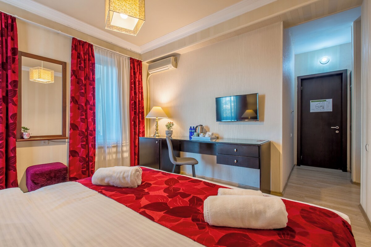 Une chambre d’hôtel avec un lit, un bureau, une chaise, une télévision et une porte.