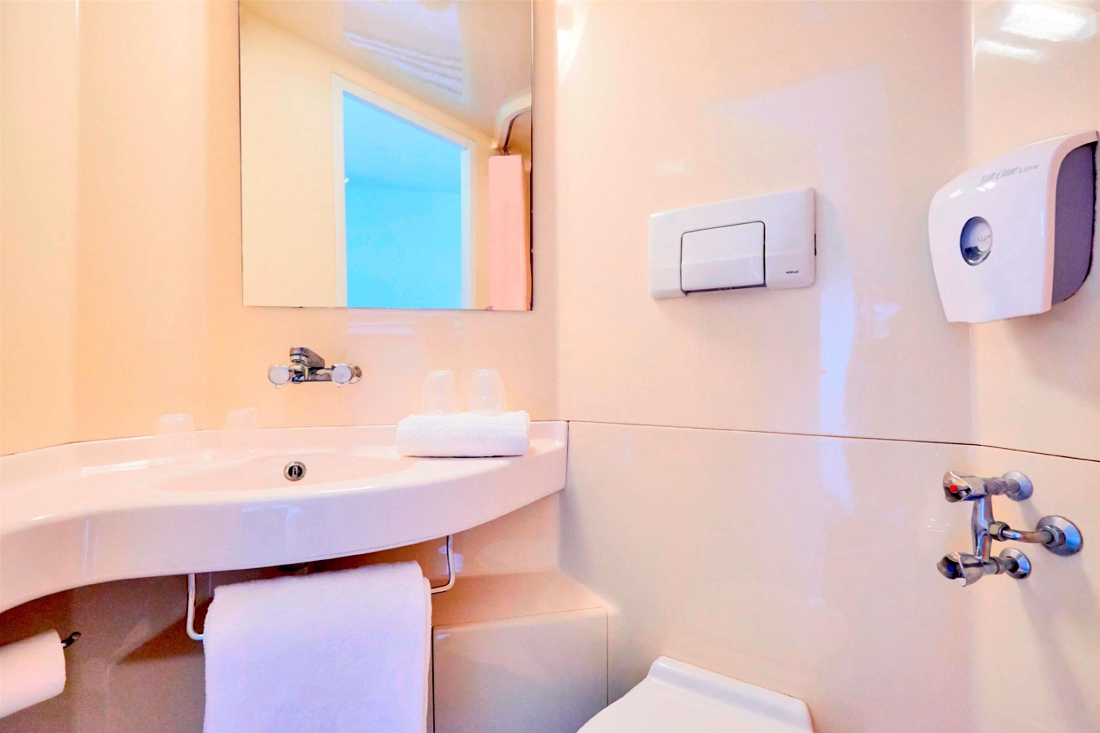 A modern bathroom with a large sink, a mirror, a towel rack, a soap dispenser, and a toilet.