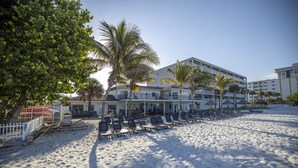 A beachfront hotel with rows of sun loungers, palm trees, and a white building with balconies.